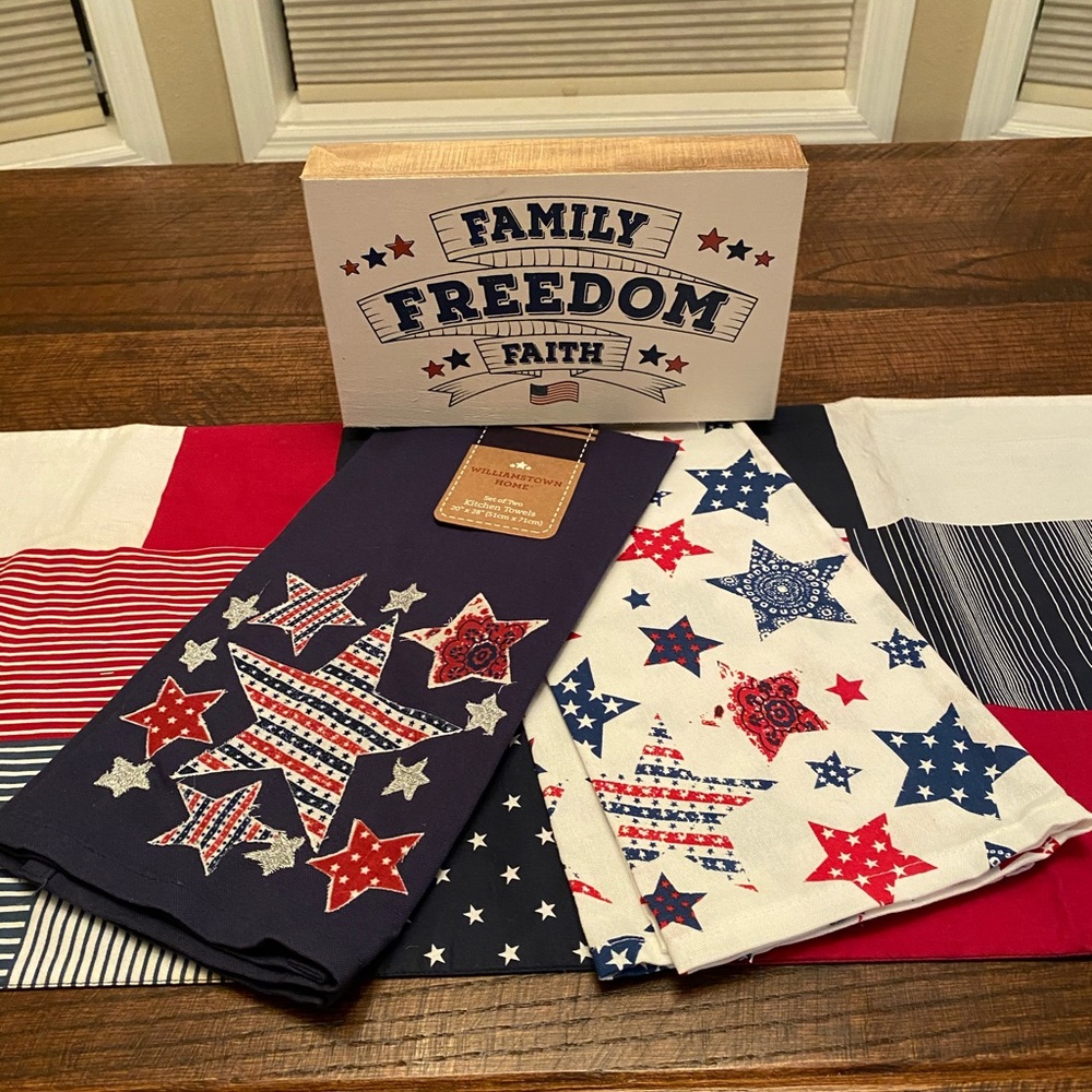 Family Freedom Faith Wood Sign & Farmhouse Patriotic Stars Kitchen Towel Set
